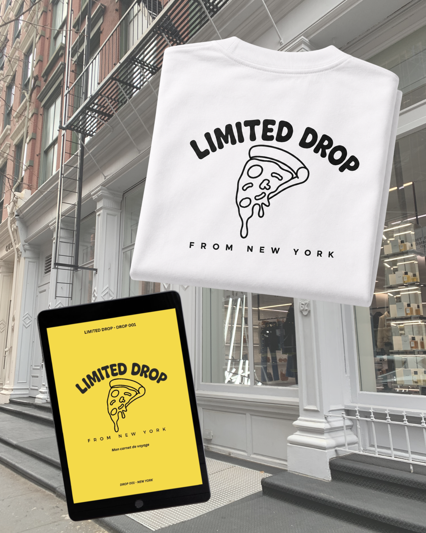 Bundle collector Limited Drop avec tee shirt blanc plié motif pizza New York et carnet digital DROP 001 affiché sur iPad devant une rue de NYC