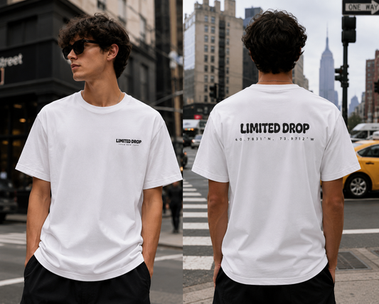 T-shirt Limited Drop DROP 001 inspiré de New York avec design Manhattan Coordinates de face et de dos