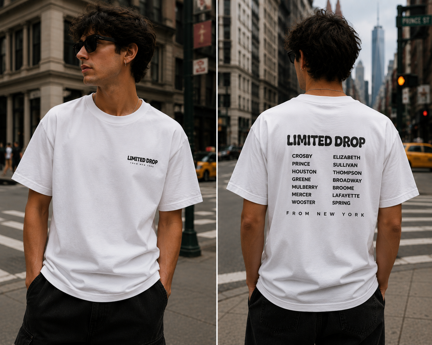 T-shirt Limited Drop inspiré de New York avec design Streets de dos et de face