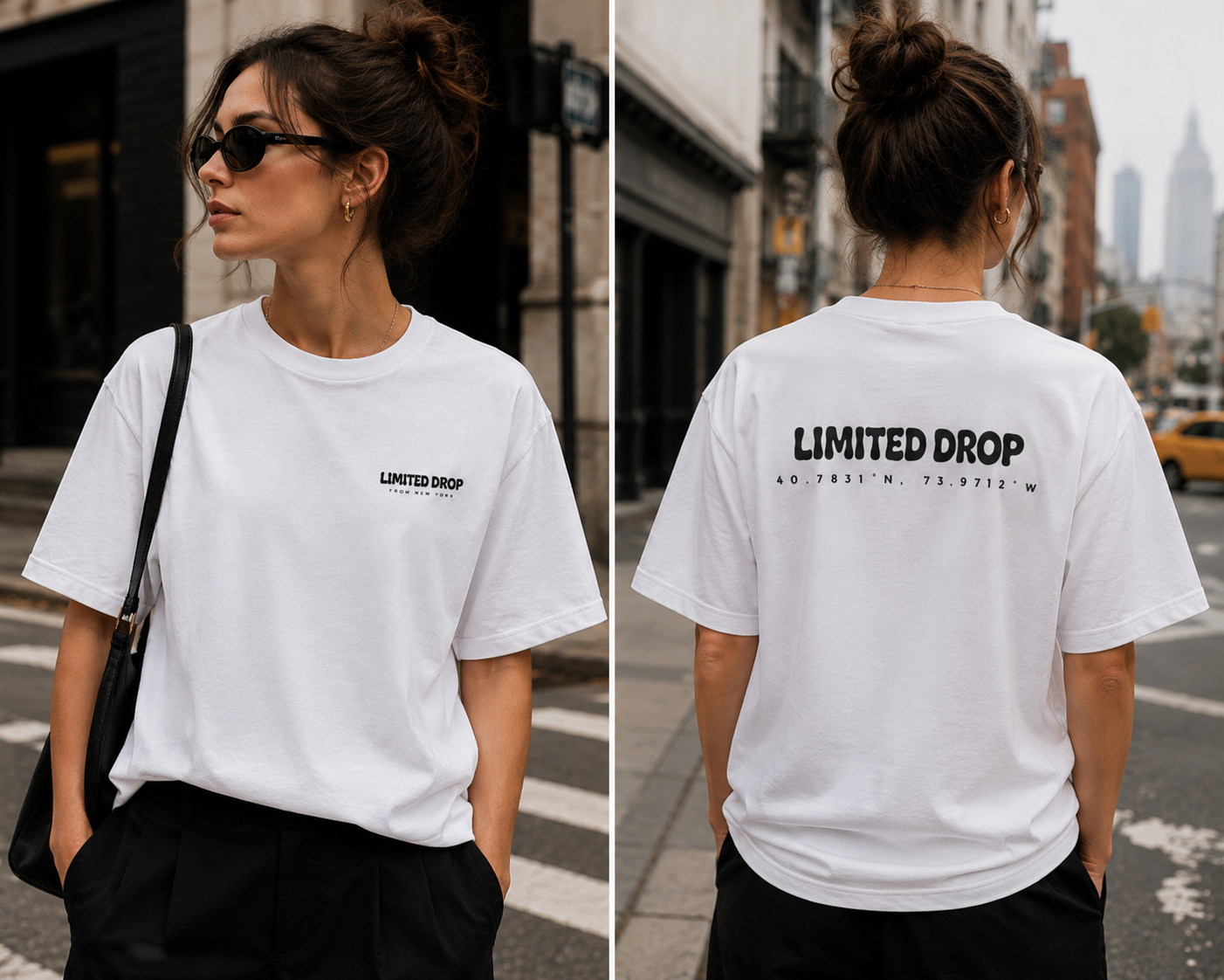 T-shirt Limited Drop DROP 001 inspiré de New York avec design Manhattan Coordinates de face et de dos 