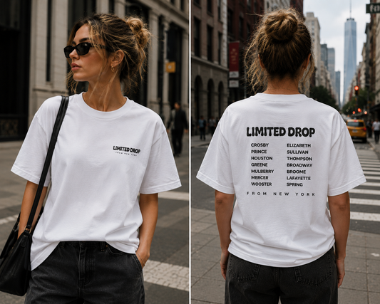 T-shirt Limited Drop inspiré de New York avec design Streets de dos et de face
